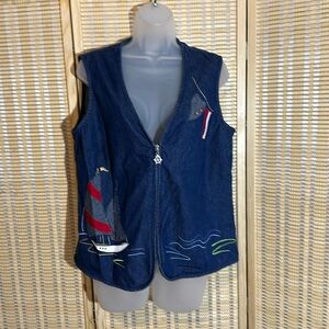 Allison Daley Vintage Nautical Theme Blue Denim Zip Front Vest Sailboat Flag 10P